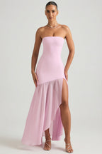 Chic Asymmetric Strapless Fishtail Maxi Dress in Soft Pink