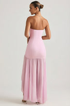 Chic Asymmetric Strapless Fishtail Maxi Dress in Soft Pink