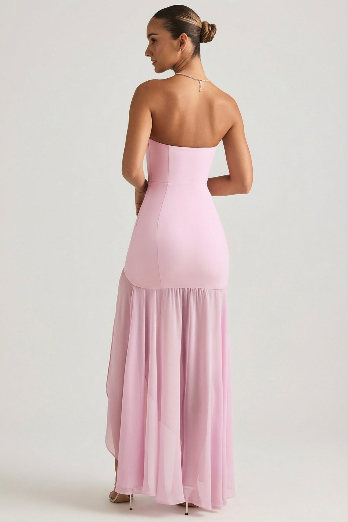 Chic Asymmetric Strapless Fishtail Maxi Dress in Soft Pink