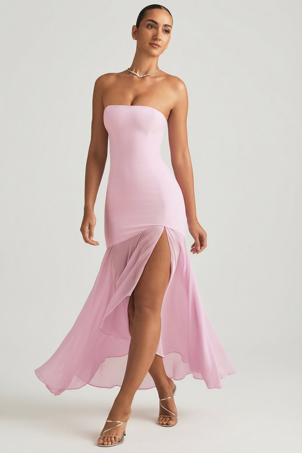 Chic Asymmetric Strapless Fishtail Maxi Dress in Soft Pink