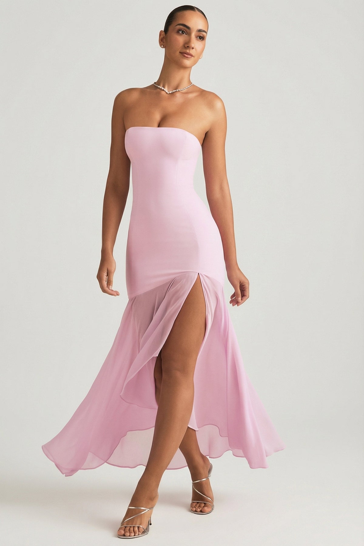 Chic Asymmetric Strapless Fishtail Maxi Dress in Soft Pink