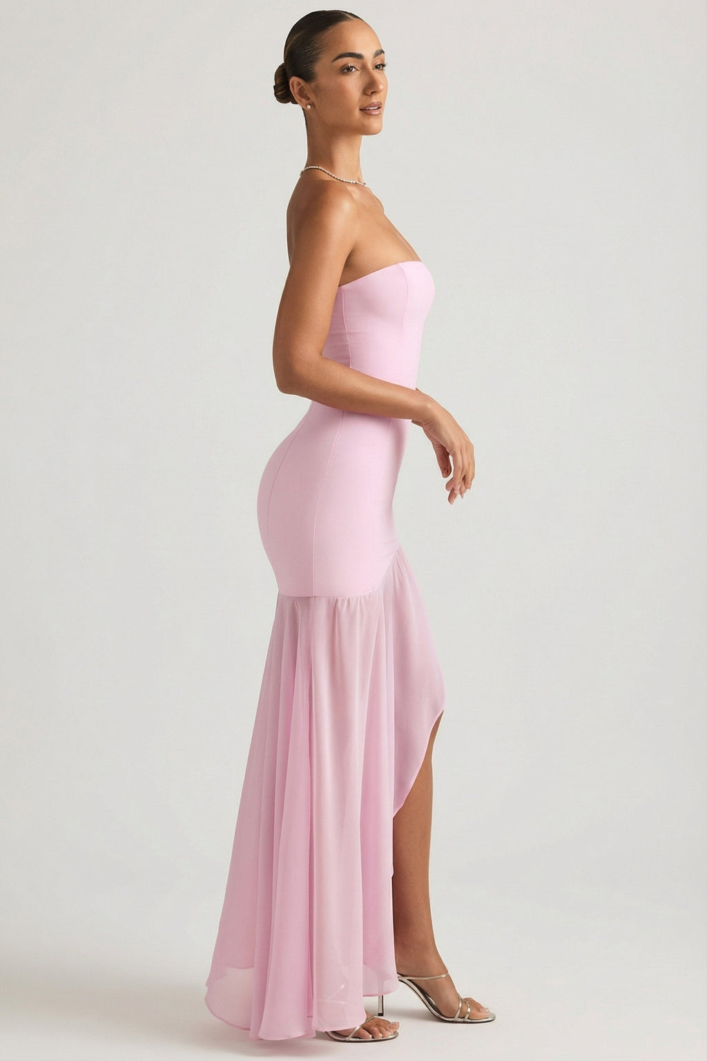 Chic Asymmetric Strapless Fishtail Maxi Dress in Soft Pink