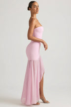 Chic Asymmetric Strapless Fishtail Maxi Dress in Soft Pink