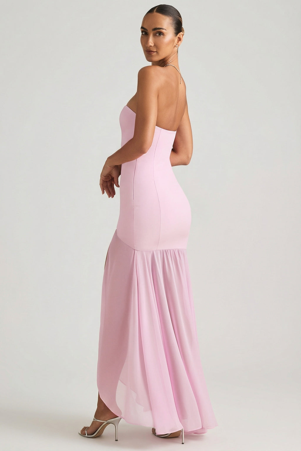 Chic Asymmetric Strapless Fishtail Maxi Dress in Soft Pink