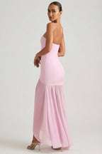 Chic Asymmetric Strapless Fishtail Maxi Dress in Soft Pink