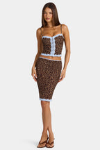 Chic Lace-Trim Low-Rise Midi Skirt in Leopard
