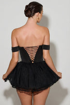 Chic Off-Shoulder Layered Corset Micro Mini Dress in Black