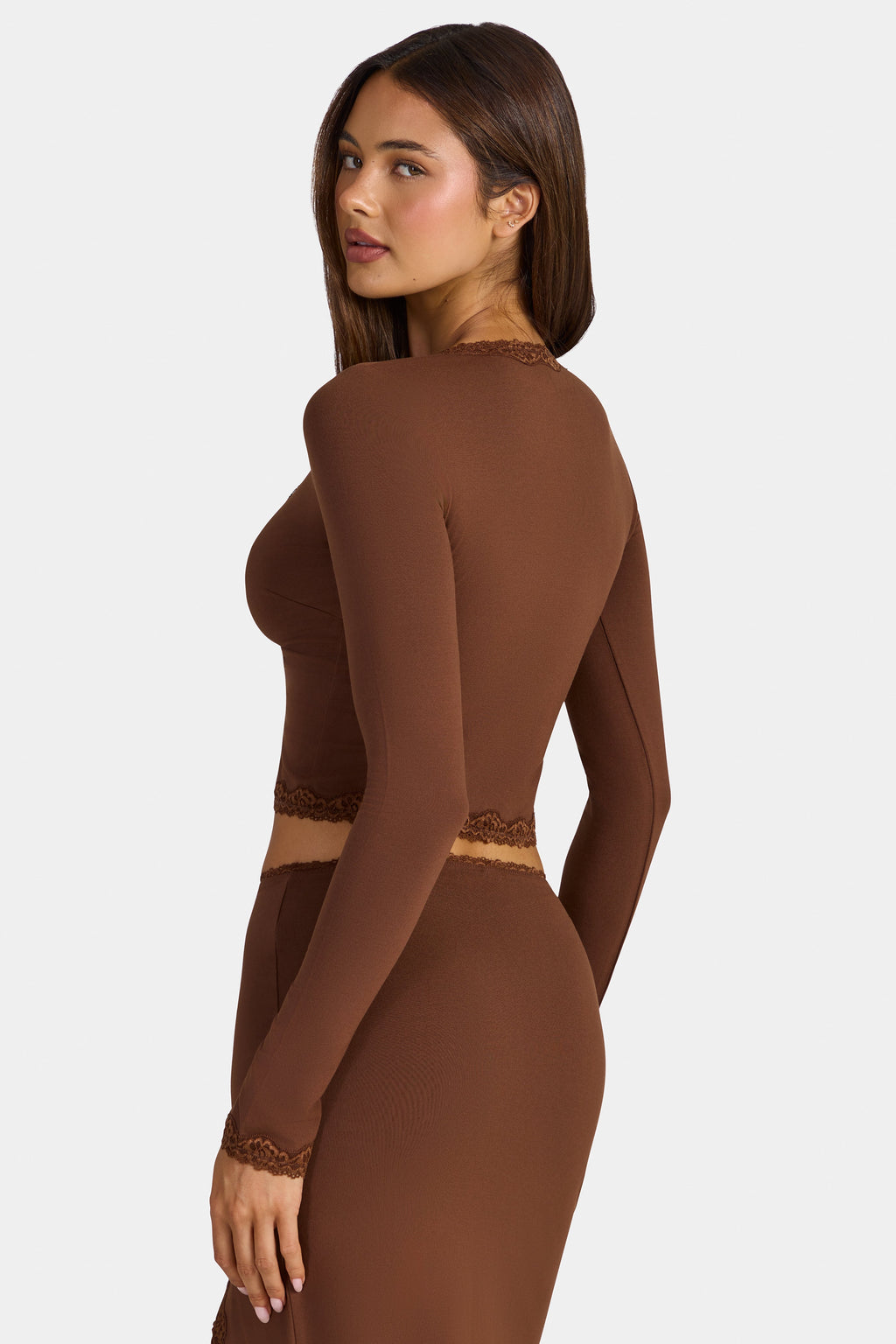 Chic Modal Lace-Trim Cropped Cardigan in Cocoa Brown