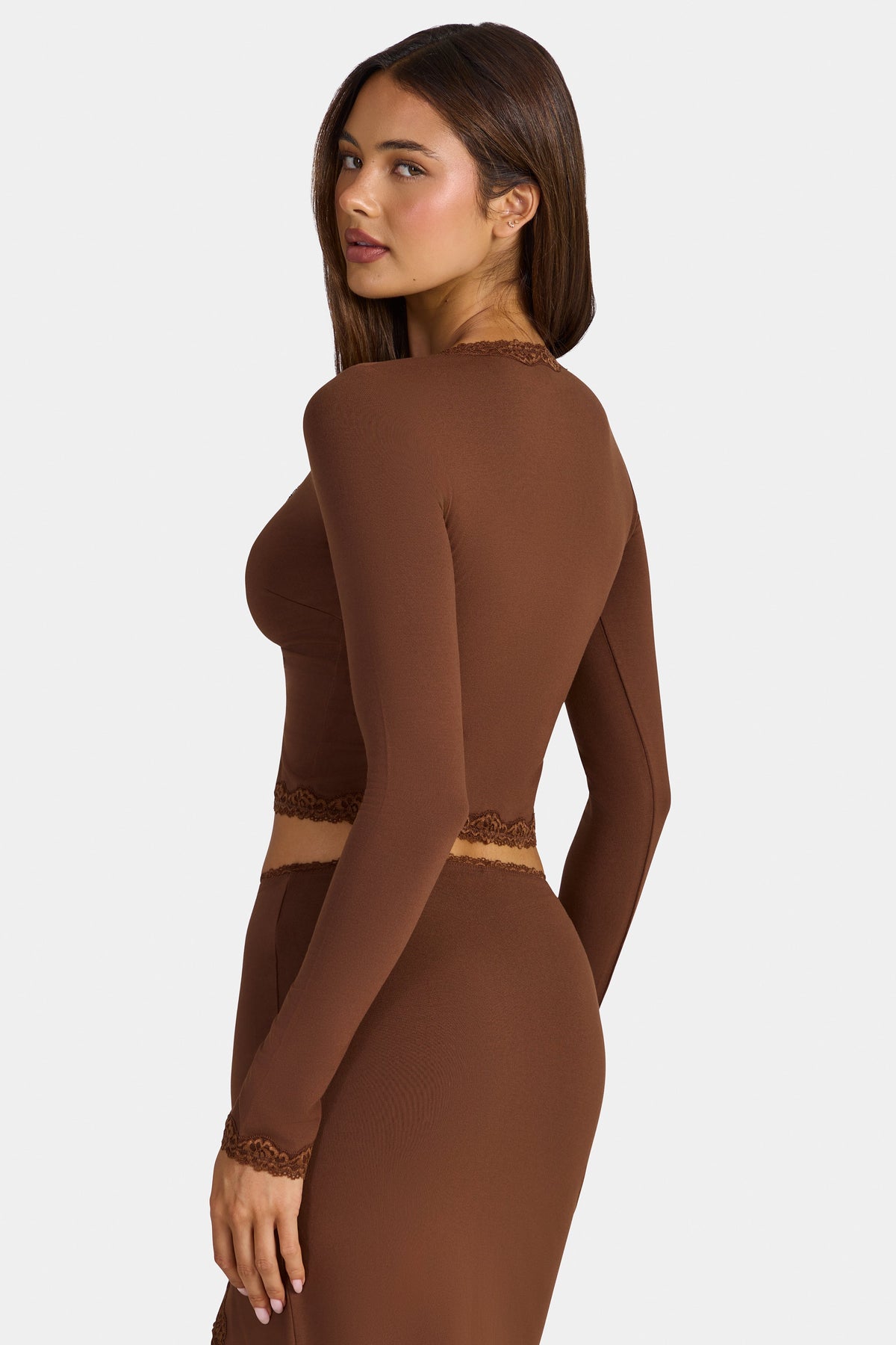 Chic Modal Lace-Trim Cropped Cardigan in Cocoa Brown