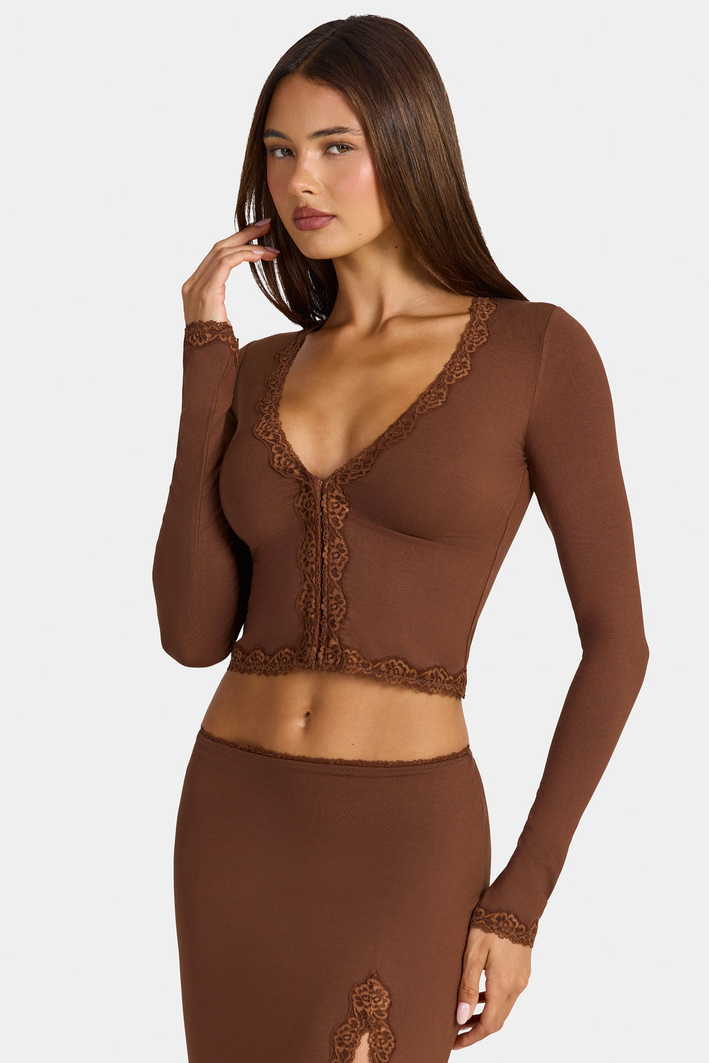 Chic Modal Lace-Trim Cropped Cardigan in Cocoa Brown