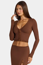 Chic Modal Lace-Trim Cropped Cardigan in Cocoa Brown