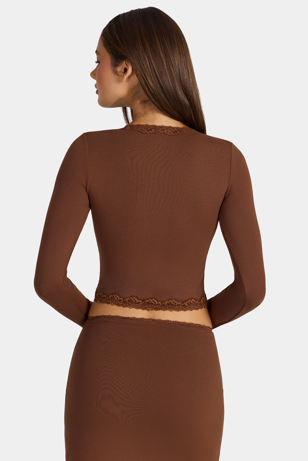 Chic Modal Lace-Trim Cropped Cardigan in Cocoa Brown