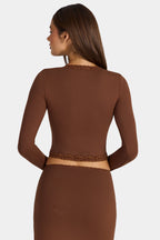 Chic Modal Lace-Trim Cropped Cardigan in Cocoa Brown