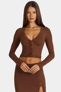 Chic Modal Lace-Trim Cropped Cardigan in Cocoa Brown