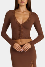 Chic Modal Lace-Trim Cropped Cardigan in Cocoa Brown