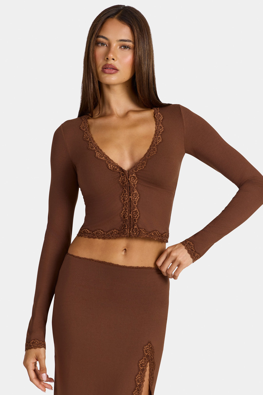 Chic Modal Lace-Trim Cropped Cardigan in Cocoa Brown