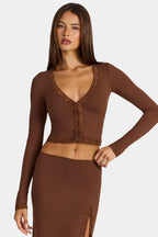 Chic Modal Lace-Trim Cropped Cardigan in Cocoa Brown