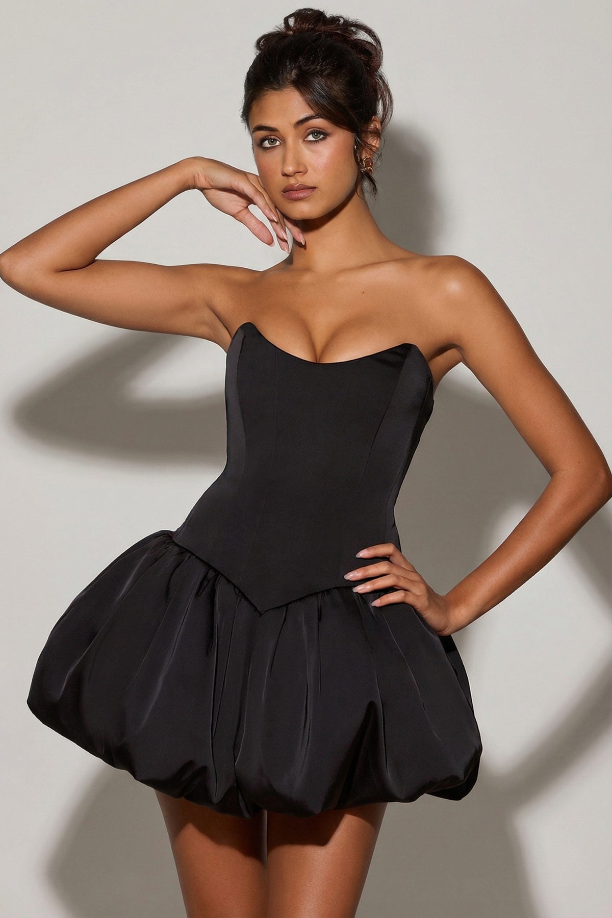 Chic Lace-Up Bubble Hem Corset Micro Mini Dress in Black
