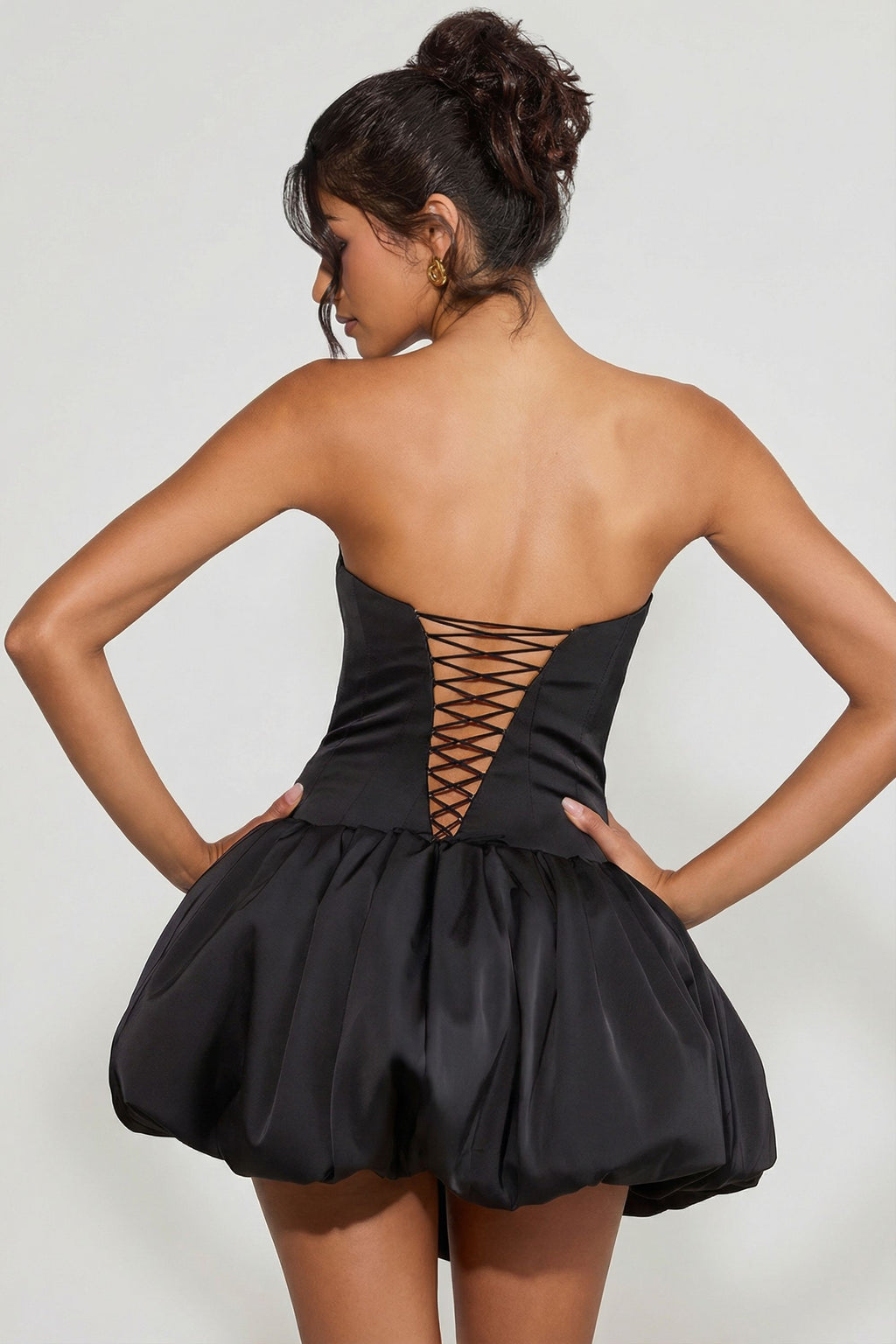 Chic Lace-Up Bubble Hem Corset Micro Mini Dress in Black