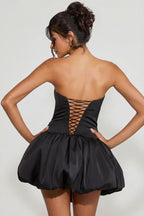 Chic Lace-Up Bubble Hem Corset Micro Mini Dress in Black