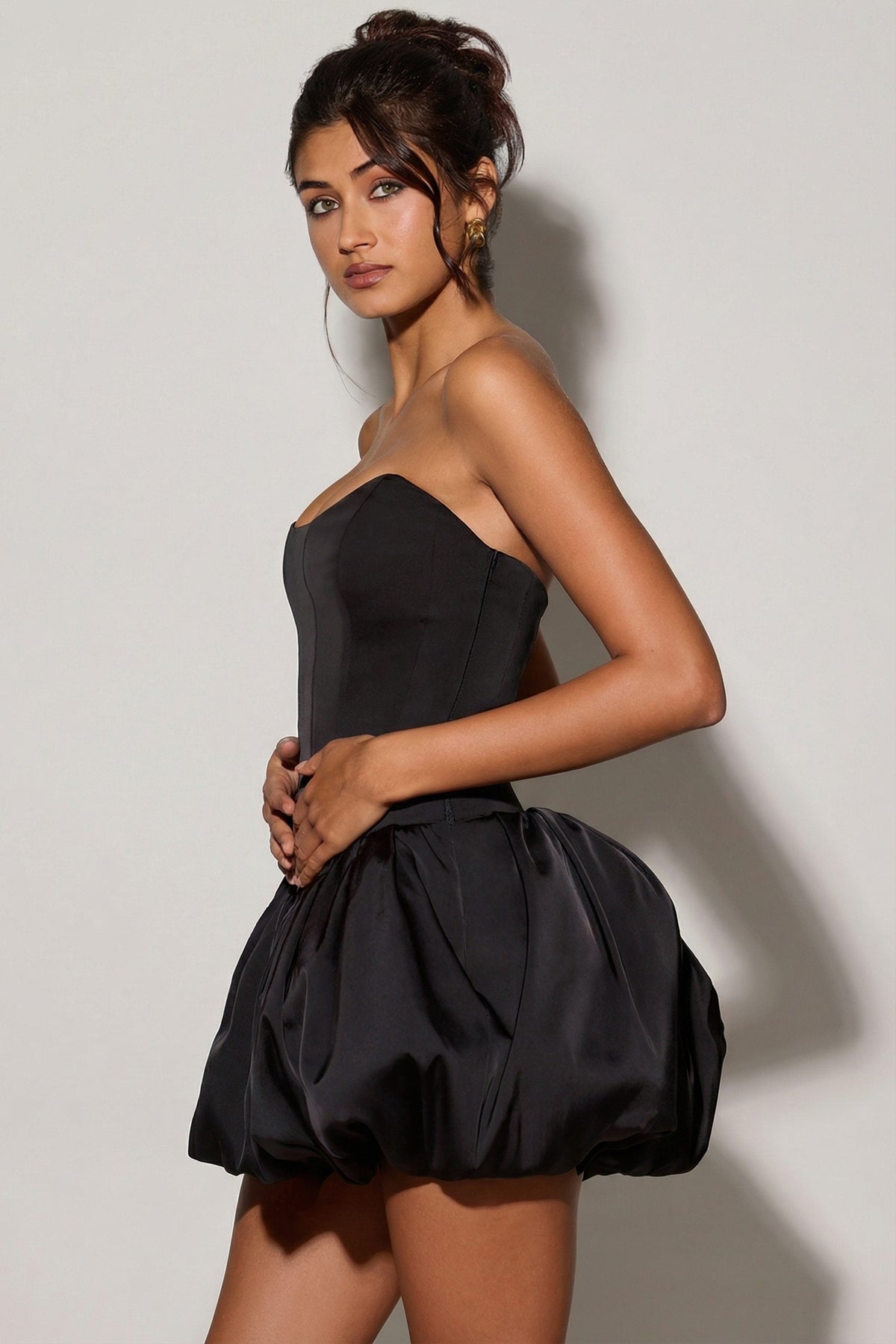 Chic Lace-Up Bubble Hem Corset Micro Mini Dress in Black