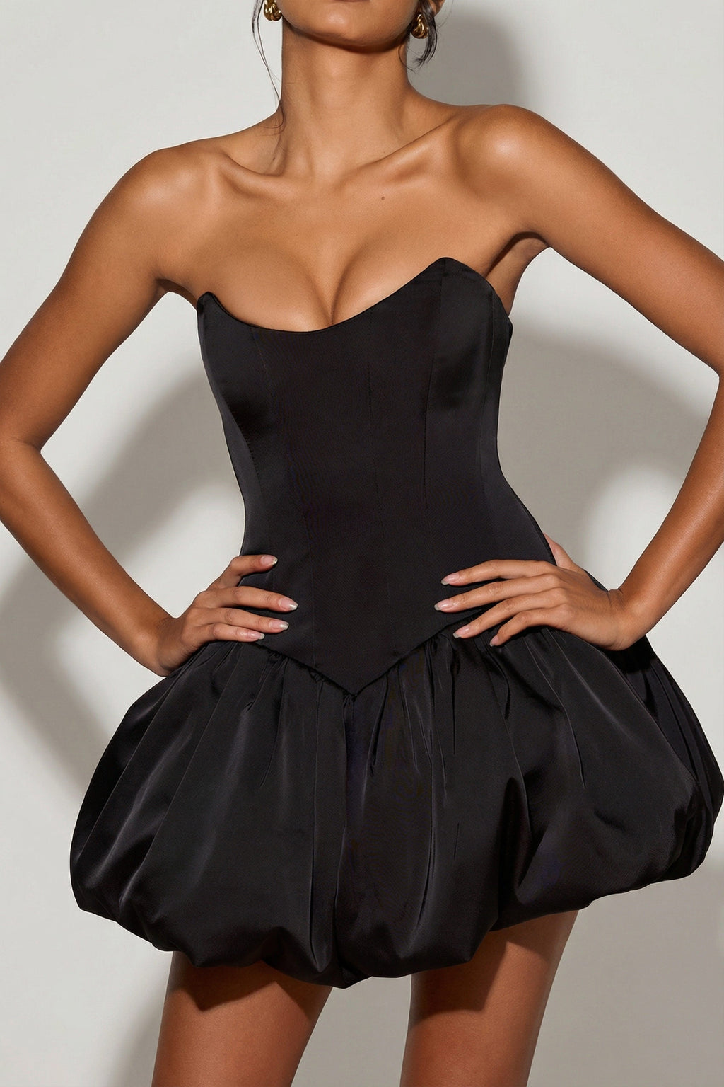 Chic Lace-Up Bubble Hem Corset Micro Mini Dress in Black