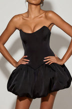 Chic Lace-Up Bubble Hem Corset Micro Mini Dress in Black