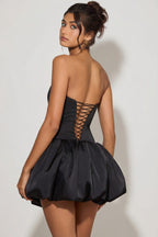Chic Lace-Up Bubble Hem Corset Micro Mini Dress in Black