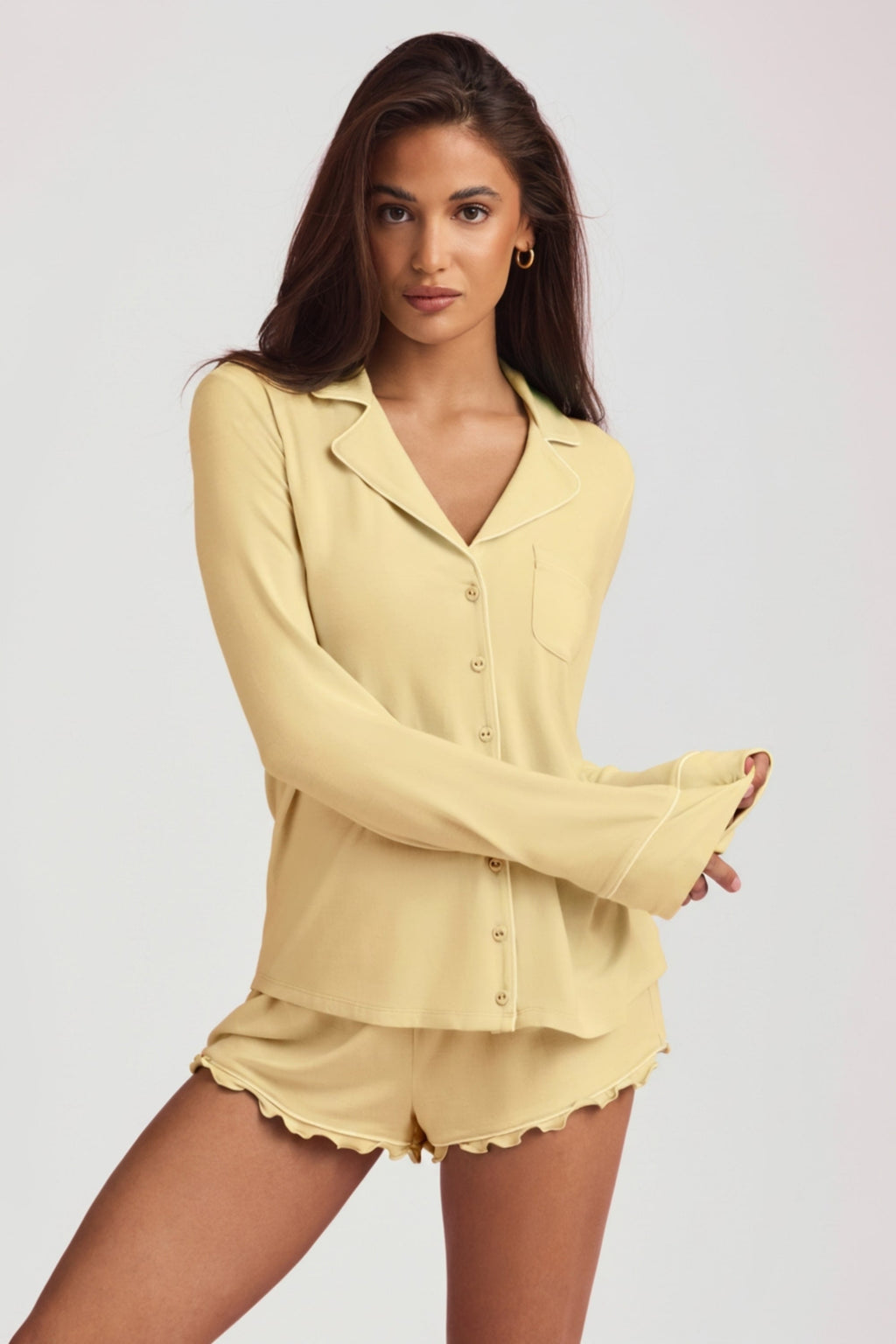 Chic Modal Long-Sleeve Pyjama Top in Pastel Yellow