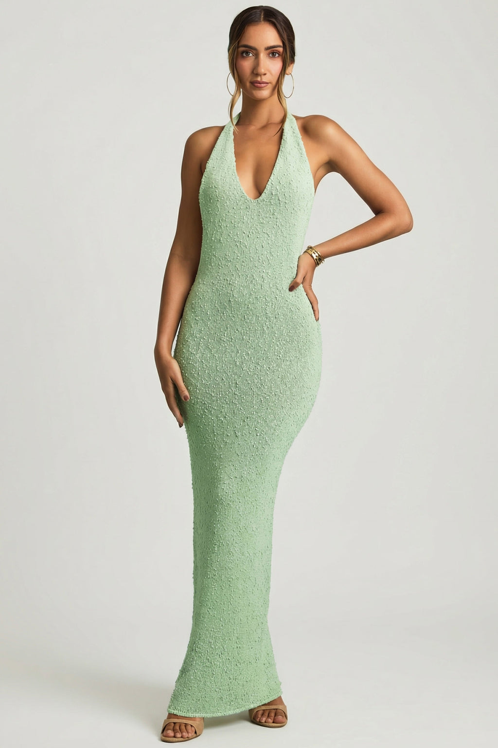 Chic Bouclé Halterneck Maxi Dress in Mint