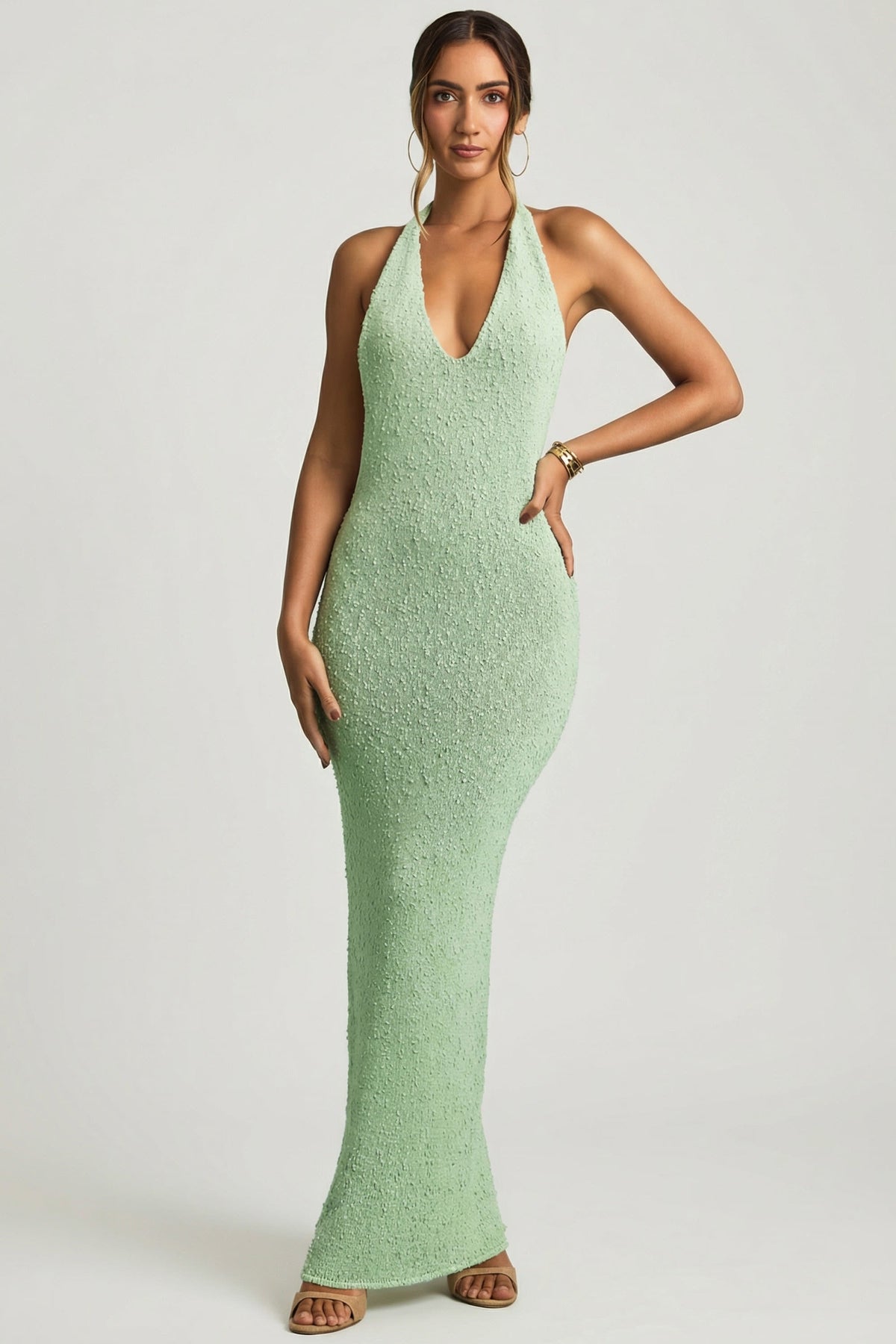 Chic Bouclé Halterneck Maxi Dress in Mint