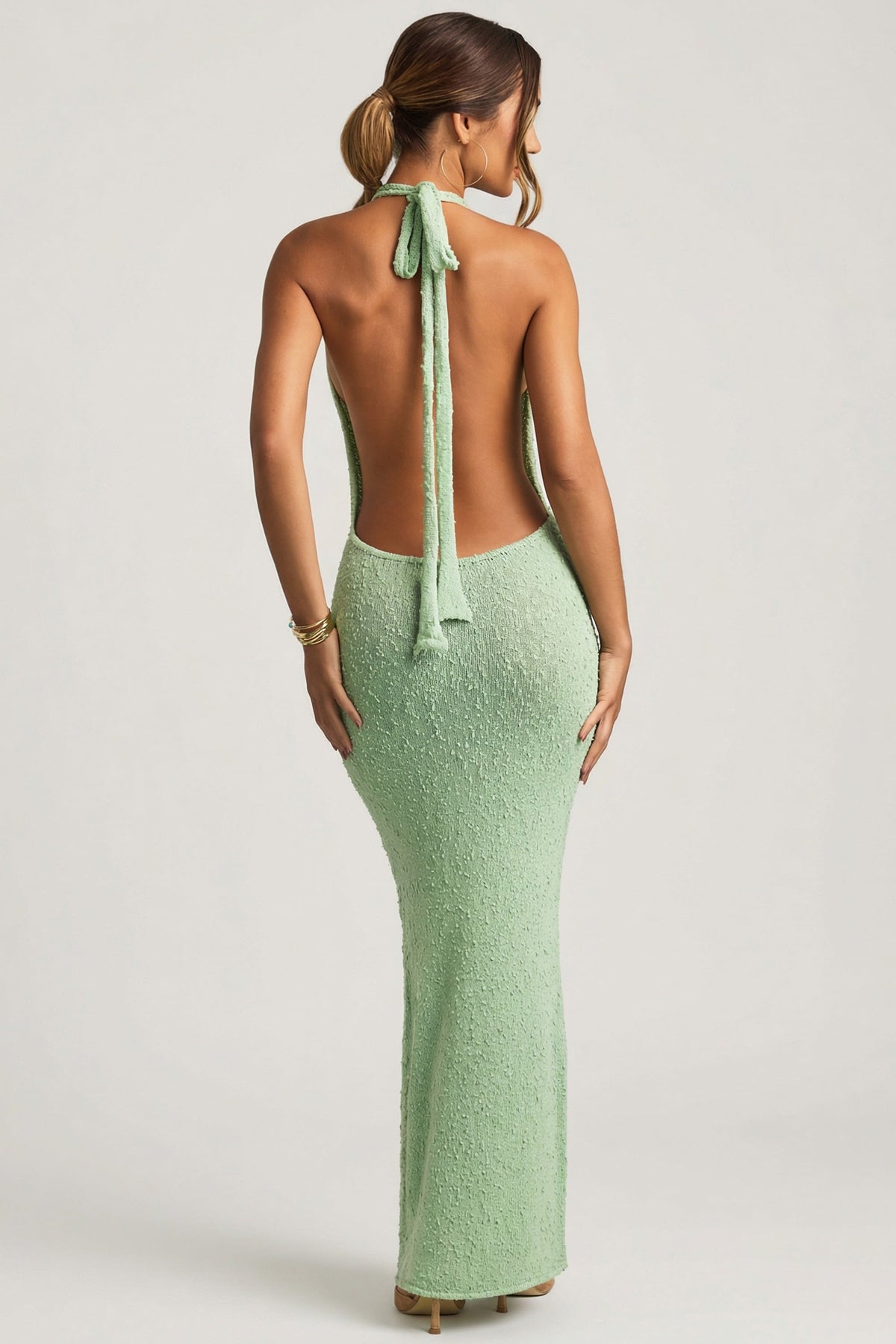 Chic Bouclé Halterneck Maxi Dress in Mint