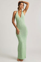 Chic Bouclé Halterneck Maxi Dress in Mint