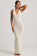 Chic Bouclé Halterneck Maxi Dress in White