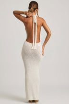 Chic Bouclé Halterneck Maxi Dress in White