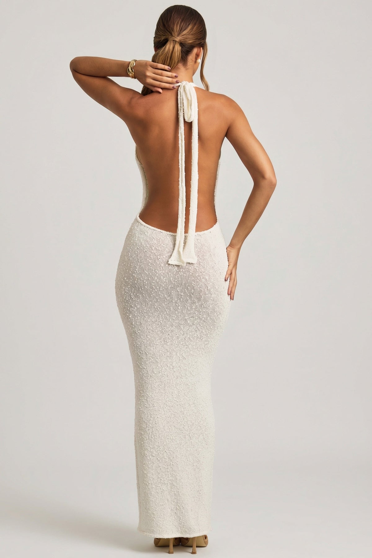 Chic Bouclé Halterneck Maxi Dress in White