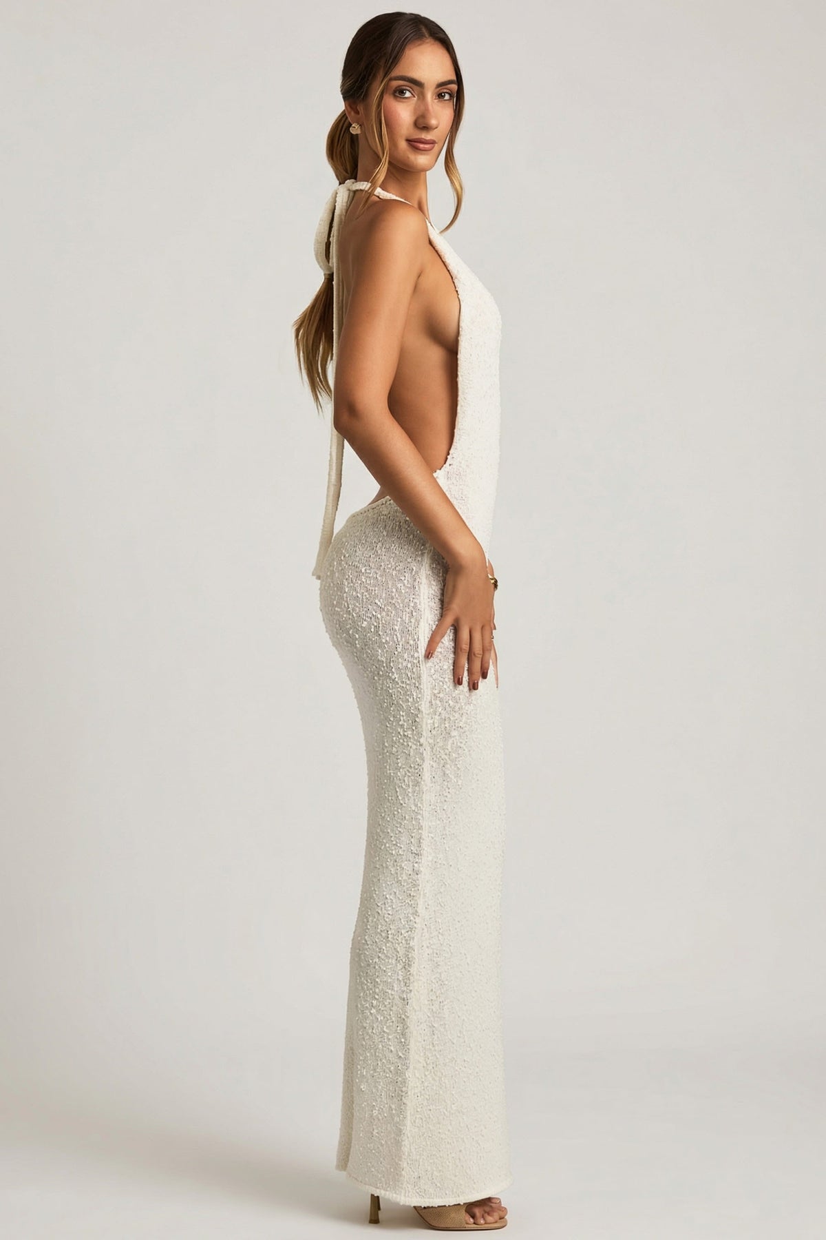 Chic Bouclé Halterneck Maxi Dress in White