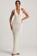 Chic Bouclé Halterneck Maxi Dress in White