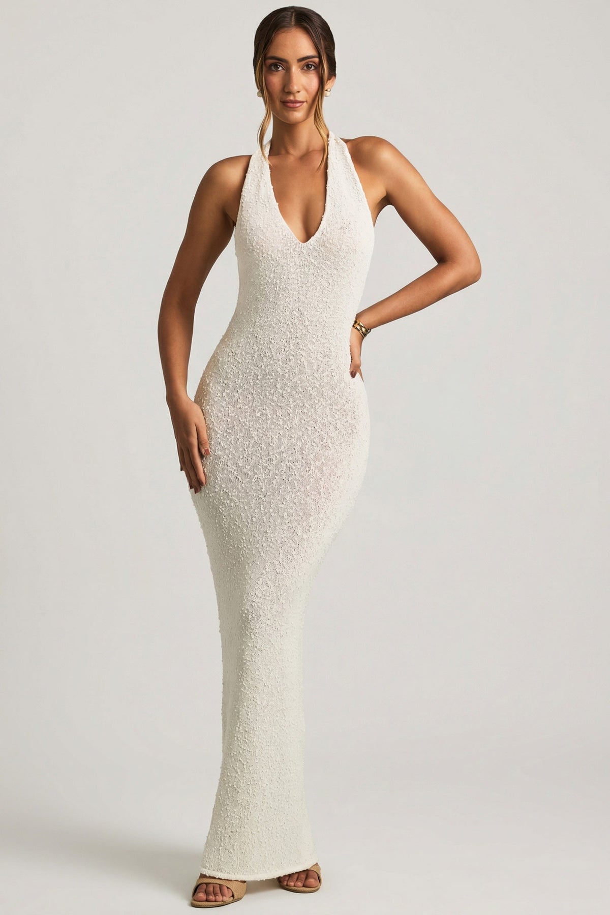 Chic Bouclé Halterneck Maxi Dress in White
