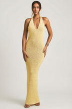 Chic Bouclé Halterneck Maxi Dress in Yellow