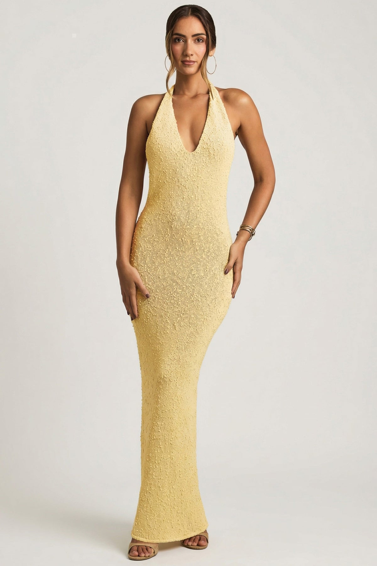 Chic Bouclé Halterneck Maxi Dress in Yellow