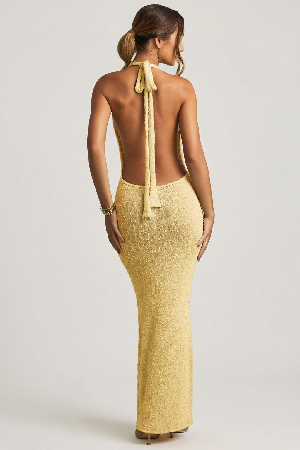 Chic Bouclé Halterneck Maxi Dress in Yellow