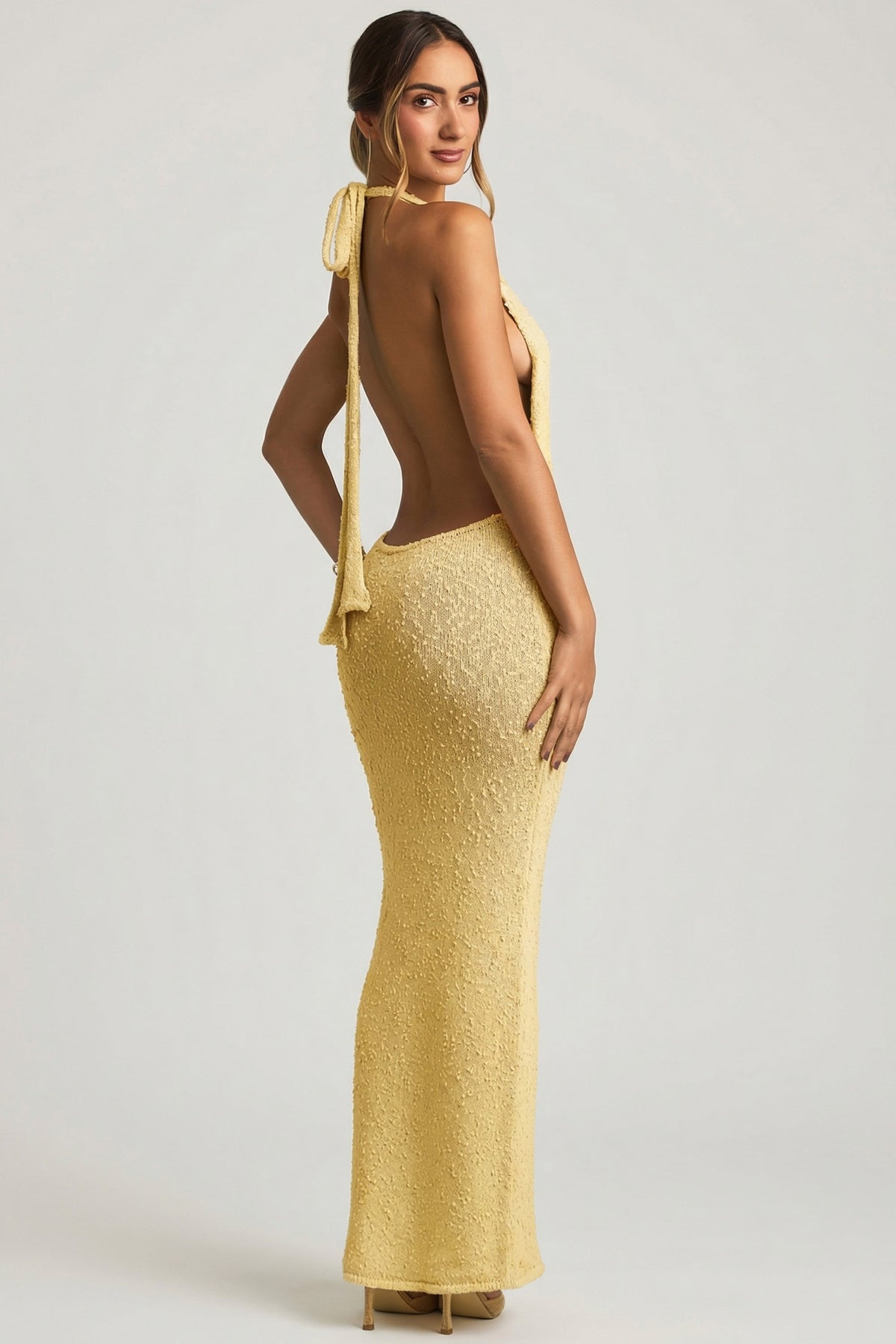 Chic Bouclé Halterneck Maxi Dress in Yellow