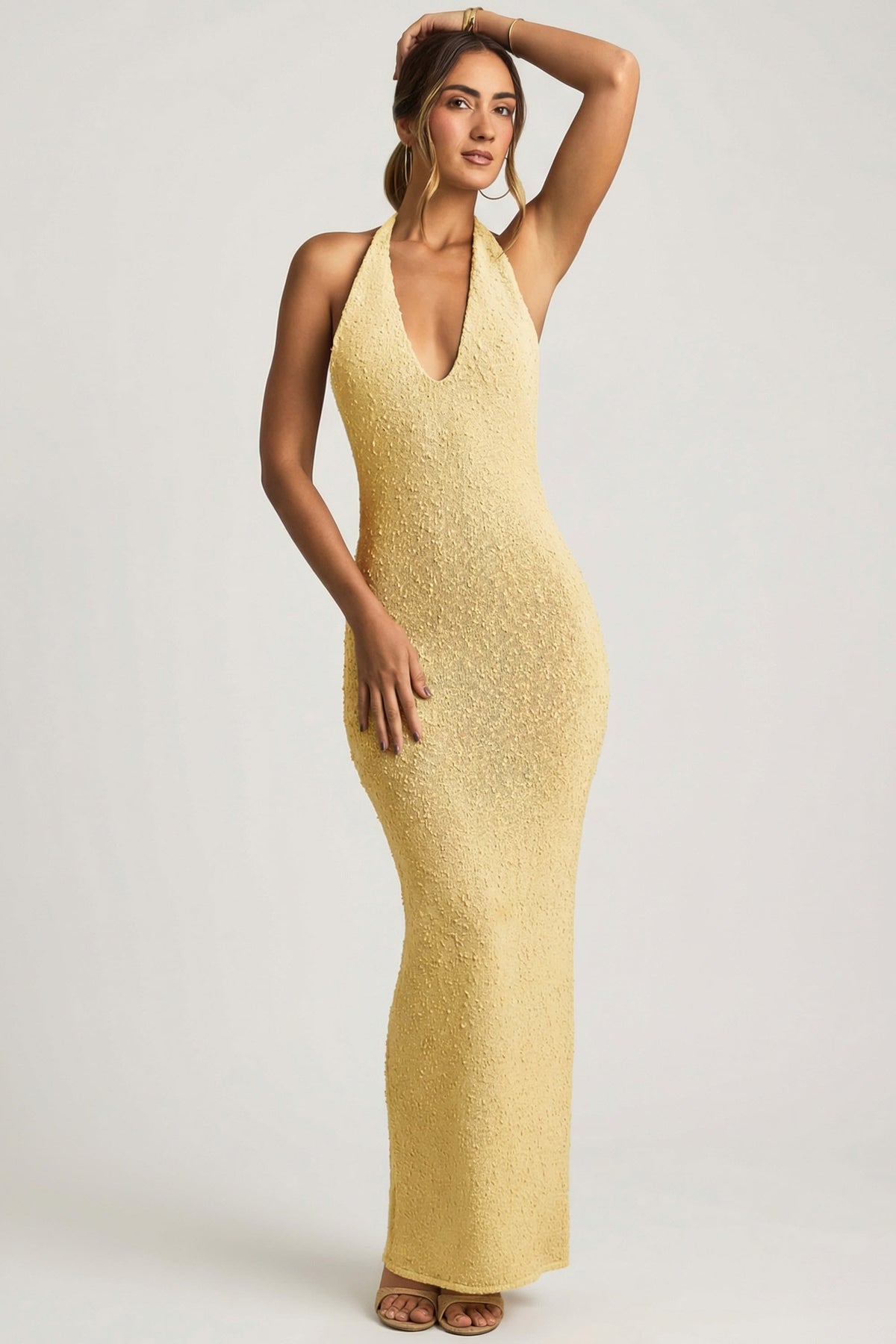Chic Bouclé Halterneck Maxi Dress in Yellow