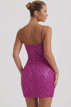Chic Embellished Sweetheart-Neck Mini Dress in Magenta