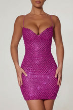 Chic Embellished Sweetheart-Neck Mini Dress in Magenta