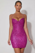 Chic Embellished Sweetheart-Neck Mini Dress in Magenta