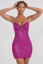 Chic Embellished Sweetheart-Neck Mini Dress in Magenta