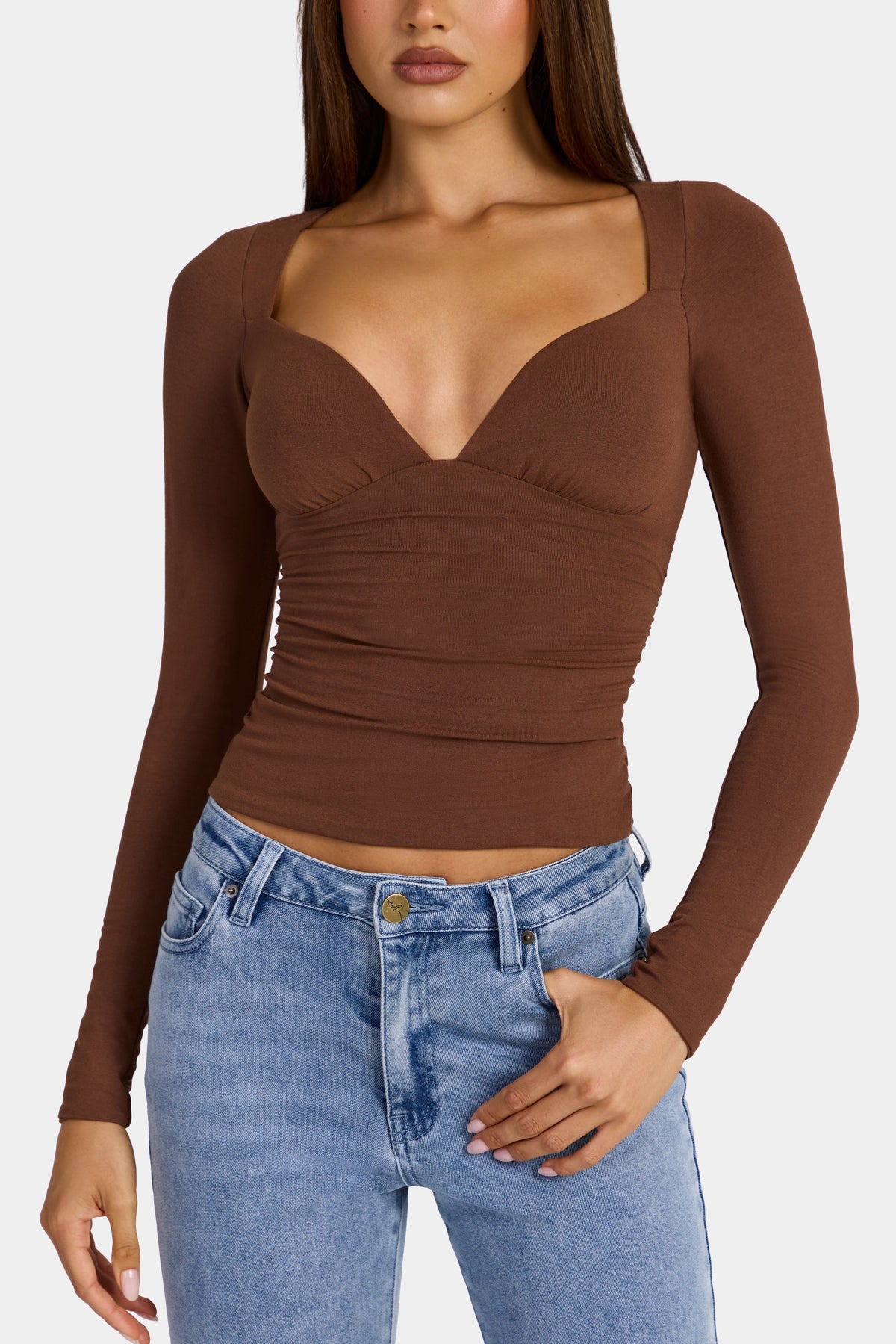 Chic Modal Ruched Long-Sleeve Top in Cocoa Brown