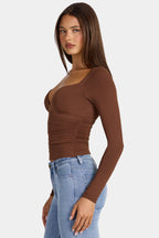 Chic Modal Ruched Long-Sleeve Top in Cocoa Brown